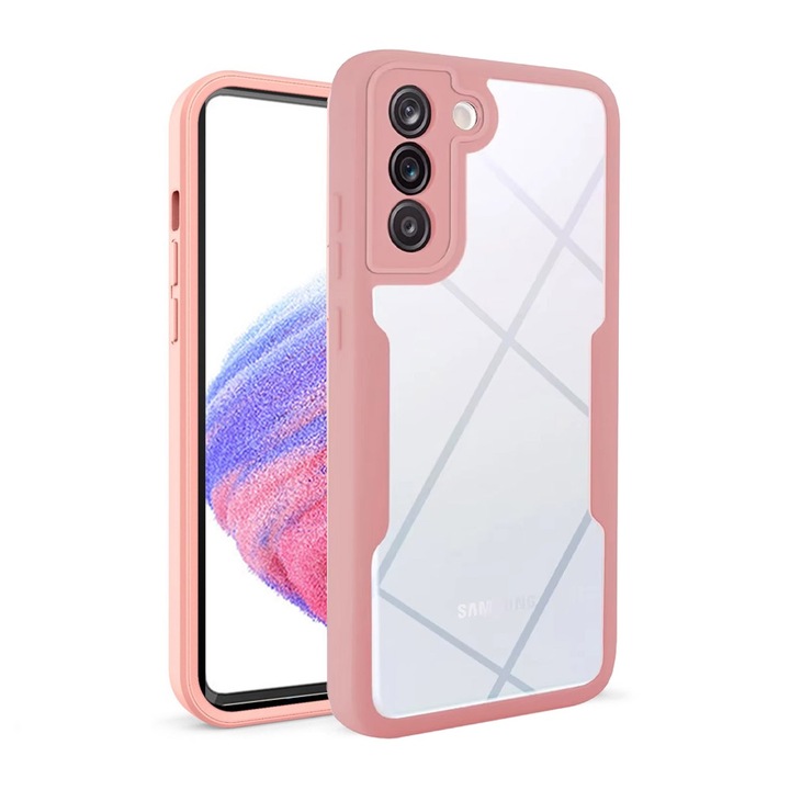 360 fokos tok kompatibilis a Samsung Galaxy S21 FE 5G készülékkel, Kijelzővédő fóliával, Ütésálló, Sárgásgátló, Karcmentes, Tartós, 3 mm-re emelt élek, Rózsaszín/Átlátszó