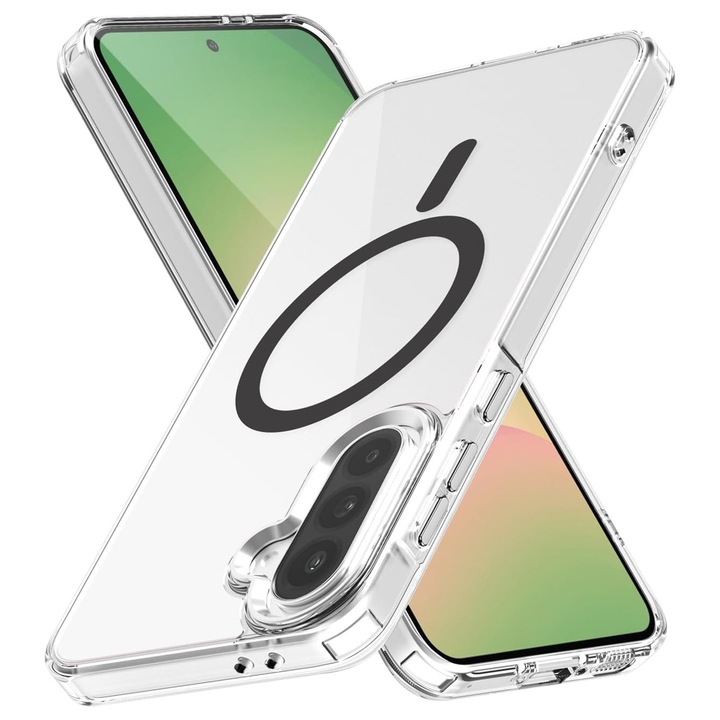 Husa pentru Samsung Galaxy A56 Daden® Drop Glue, Colorful Ring MagCover, Clear Case, MagSafe, Atasare Magnetica, Antisoc, Transparent cu magsafe negru