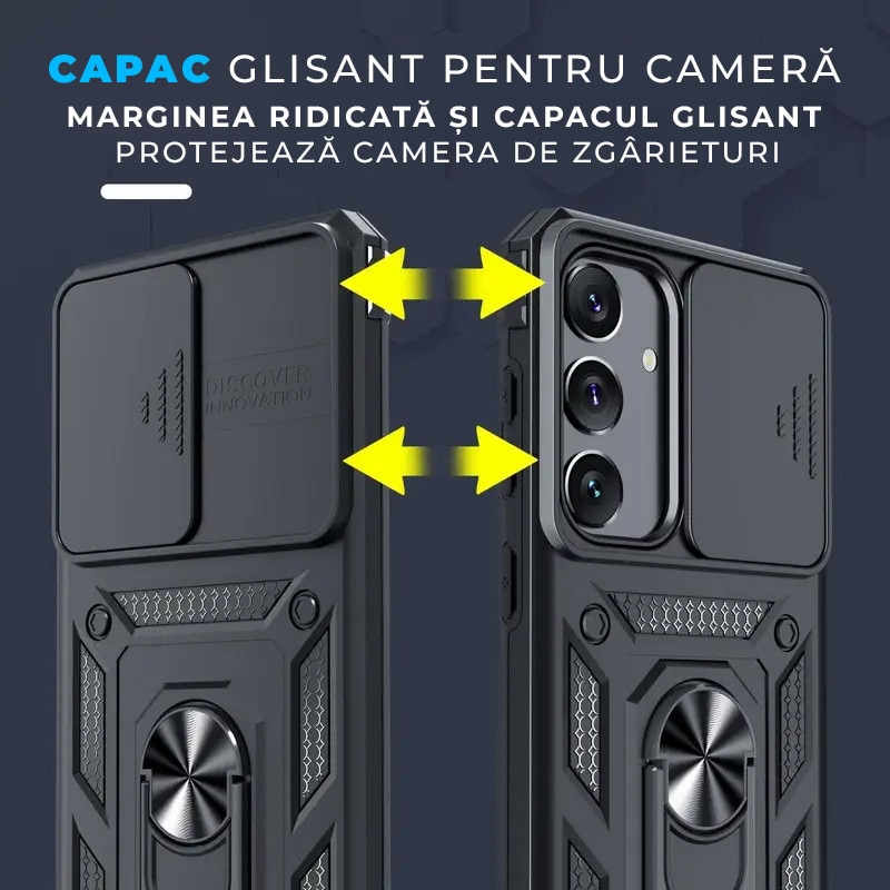 Husa pentru Samsung Galaxy S25 FE DaDen Hybrid Armor Kickstand, Slider Camera, Antisoc, Protectie Superioara, Negru