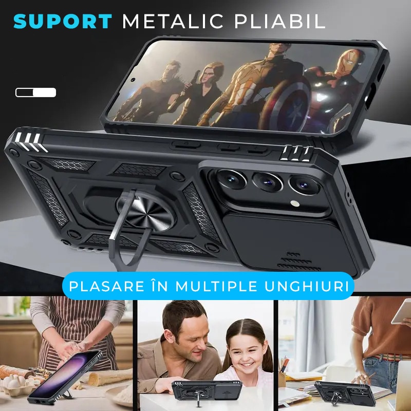 Husa pentru Samsung Galaxy S25 FE DaDen Hybrid Armor Kickstand, Slider Camera, Antisoc, Protectie Superioara, Negru