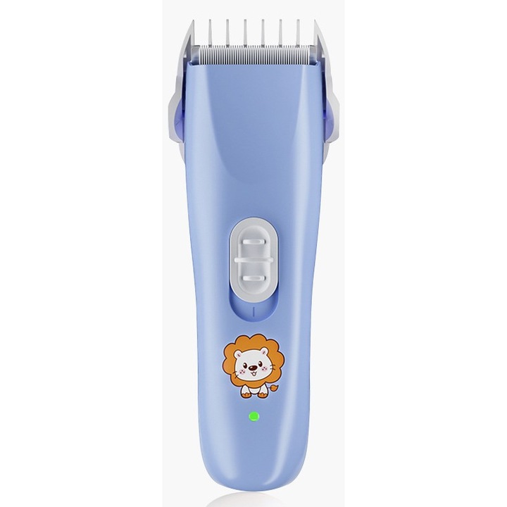Бебешка и детска машинка за подстригване, Flippy, ножове от керамика и неръждаема стомана, без кабел, функция против подрязване, безшумна, 50 W, водоустойчива, 2 аксесоара, USB зарядно, модел Lion, синя