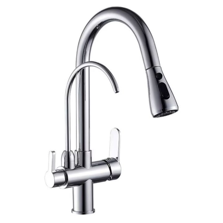 Baterie profesionala premium bucatarie cu 3 cai, dus extractibil, doua tipuri de jet, iesire pentru filtru de apa purificata, alama, crom