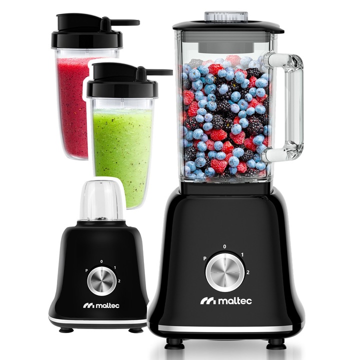 Blender de sticla, Maltec, Bl1800w, Putere 1800 w, Sticla de 1, 6 l, 6 lame din otel inoxidabil, Reglare a vitezei, Mod pulsator, Set cu rasnita de 300 ml si 2 sticle de 600 ml, Negru