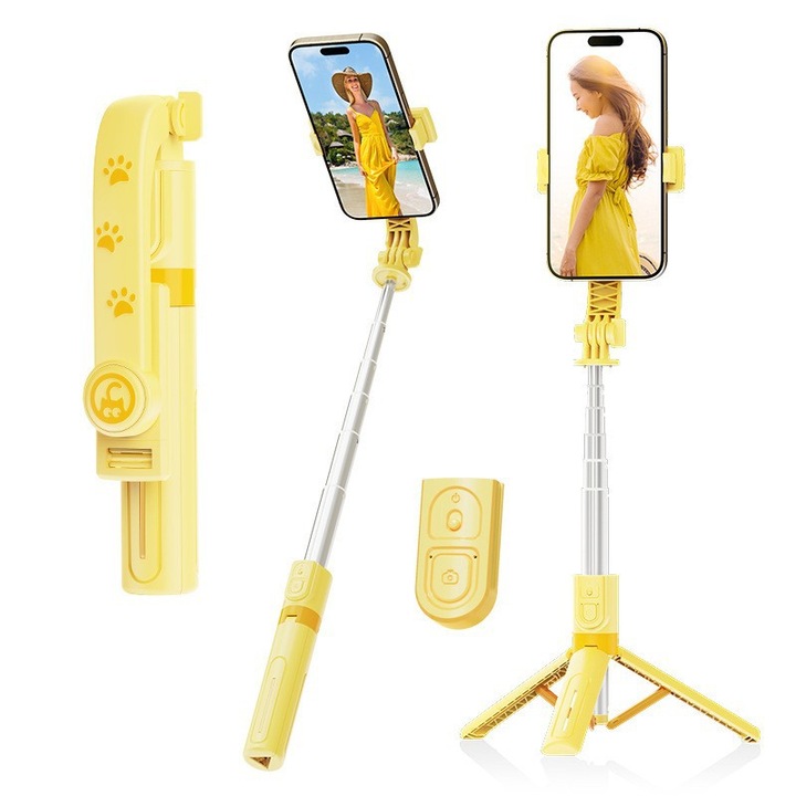 Selfie Stick multifunctional, Bluetooth 5.2, Lungime maxima 90cm, Extensibil, Compatibil iOS / Android, Pentru selfies, Streaming live, Video, Desen animat Cat Claw Pattern