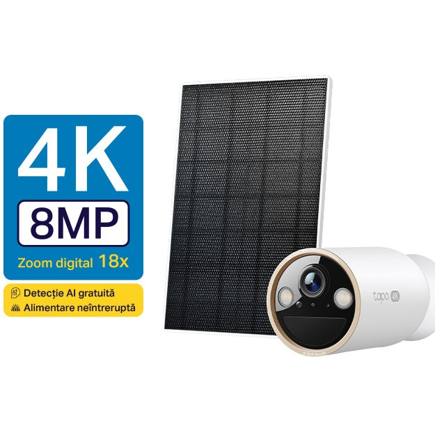 Kit camera de supraveghere + panou solar TP-Link Tapo C460 KIT, 8MP, 4K, 3840x2160, Starlight Color Night Vision, Two-Way Audio, Detectie AI, alarma luminoasa si sonora, acumulator