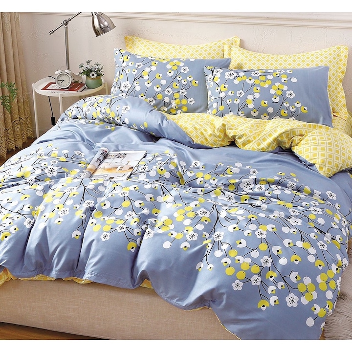 Set Lenjerie de pat CHIRASO, pentru 1 sau 2 persoane, bumbac satinat, 4 piese, Cearceaf cu elastic 140x200 cm, Cearceaf pilota 155x200 cm, fata de perna 55x75 cm, cu imprimeu ramuri cu floricele, albastru deschis-galben