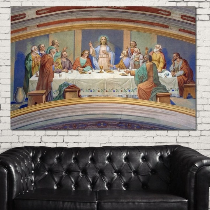 Премиум картина върху платно, LuxCanva® H1006, Тайната вечеря, 100 X 155 CM, 100% памучно платно 400g/m2, дървена рамка, Вечеря, Мистерия, Изкуство, Вяра, Шедьовър, Свещенство, Светлина, Хармония, Апостоли, Хол