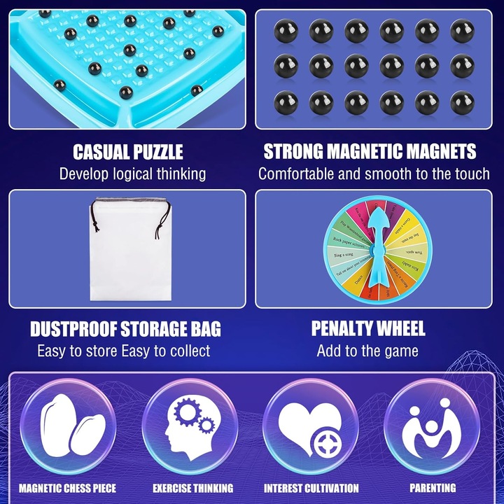 Joc Sah Magnetic pentru Copii, Aurov®, Set cu 30 de Magneti, Tabla de pozitionare, 4 Jocuri diverse, Interactiune Parinte-Copil, Imbunatatirea concentrarii, maxim 4 Jucatori, Varsta 9+