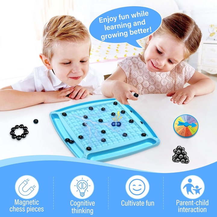 Joc Sah Magnetic pentru Copii, Aurov®, Set cu 30 de Magneti, Tabla de pozitionare, 4 Jocuri diverse, Interactiune Parinte-Copil, Imbunatatirea concentrarii, maxim 4 Jucatori, Varsta 9+