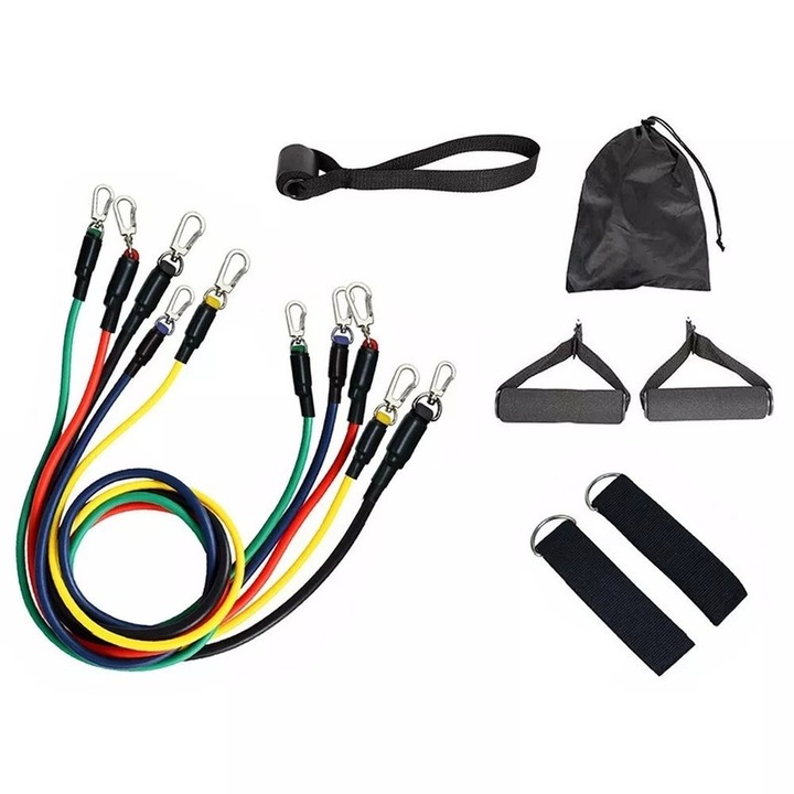 Banda elastica, Set de Benzi ZREE,11 Piese pentru Antrenament Acasa - 5 Corzi Elastice Extensibile din Latex + 6 Accesorii, pentru Sala, Yoga, Pilates, Recuperare, Muschi Abdominali, Piept, Biceps, Triceps, Umeri, Spate, Picioare, Multicolor