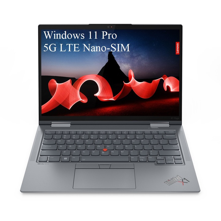Laptop 2 az 1-ben Lenovo ThinkPad X1 Yoga Gen 8, 14" 1920x1200 IPS 400nits Érintőkijelző, Intel Core i5-1345U 10, 32 GB LPDDR5, 512 GB SSD m2 PCIe, Intel Iris Xe Graphics, Windows 11 Pro, Storm Grey, 5G LTE Nano-SIM