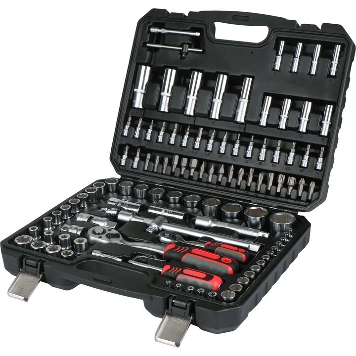 Set unelte 1/4" si 1/2" 110 piese Schmith, crom vanadiu, cu capete magnetice, cutie de depozitare