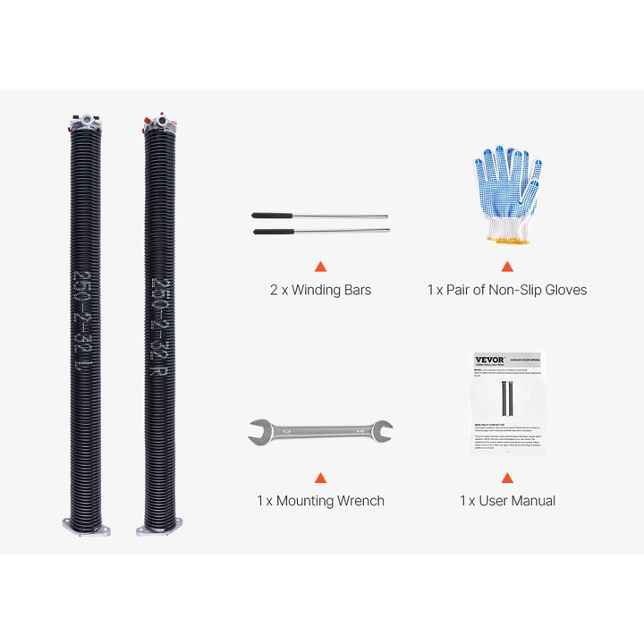 Set 2 arcuri de torsiune pentru usi de garaj, 0.250x2x32in, manusi antiderapante, cheie de montaj