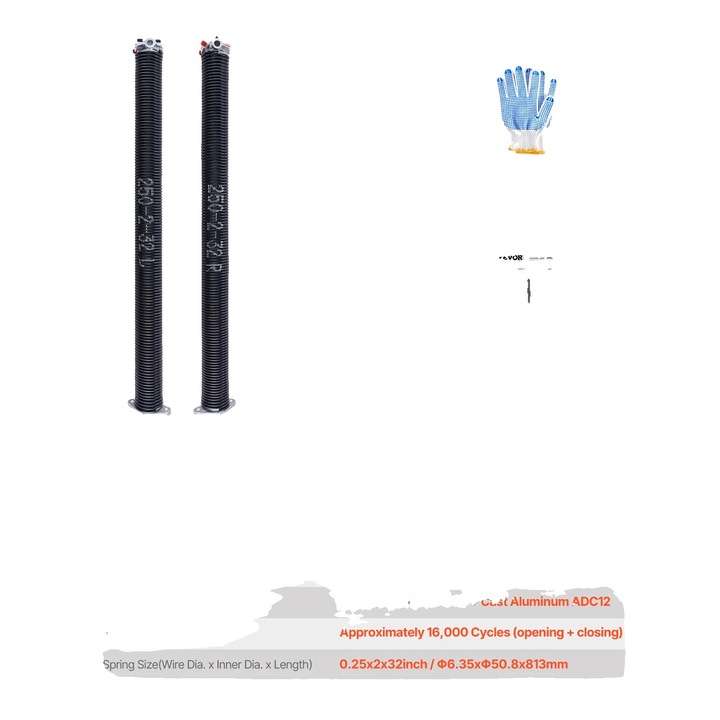 Set arcuri de torsiune pentru usi de garaj OEM, 0.250x2x32in, 2 bare de infasurare, 1 pereche de manusi antiderapante, 1 cheie de montaj