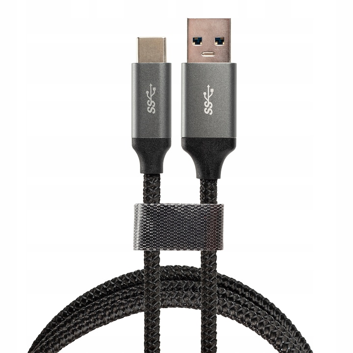 USB-C кабел, Mt003, 1 м, метални конектори, найлонова оплетка, 3A бързо зареждане, сив, за смартфони и ултрабуци