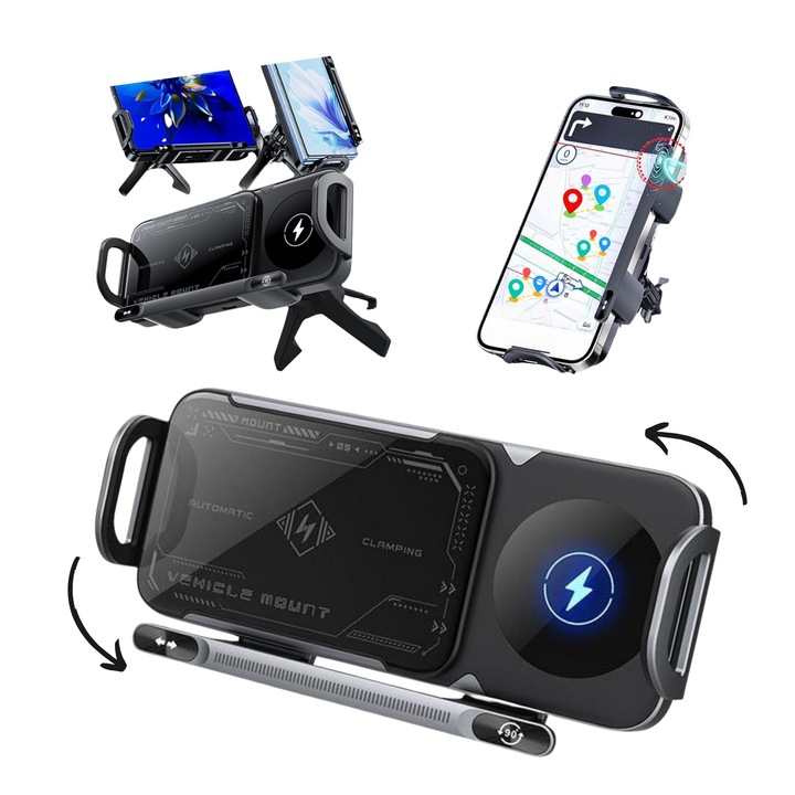 "RaSteff" 2 az 1-ben intelligens autós tartó 15 W-os gyors vezeték nélküli töltéssel - stabil rögzítés, 90°-os automatikus elforgatás, telefonokkal és táblagépekkel kompatibilis a teljes kihangosított élményért