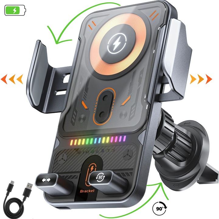 Suport Auto pentru telefon cu Incarcare Wireless si Cablu, RaSteff™ – Prindere Puternica cu ajustare automata, Rotire la 90° Electrica, Indicator Luminos, Fixare Stabila si Compatibilitate Universala, Negru, Hands-Free