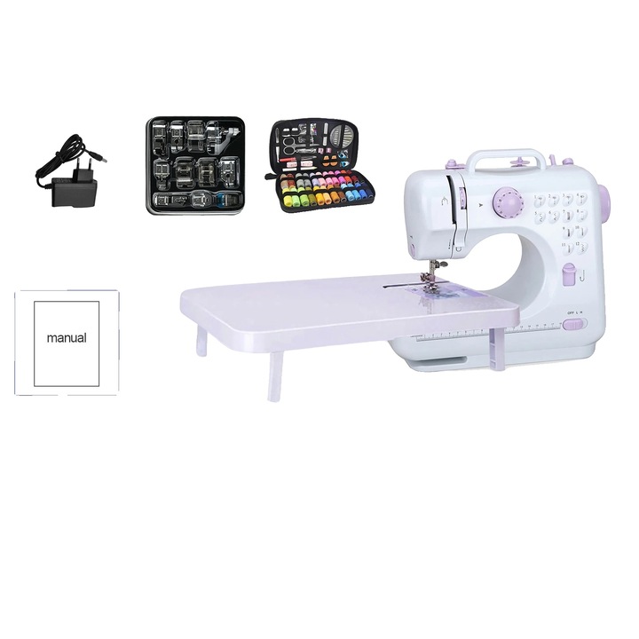 Masina de cusut mini, 12 tipuri de cusaturi, design compact, 27.5x12.1x26cm