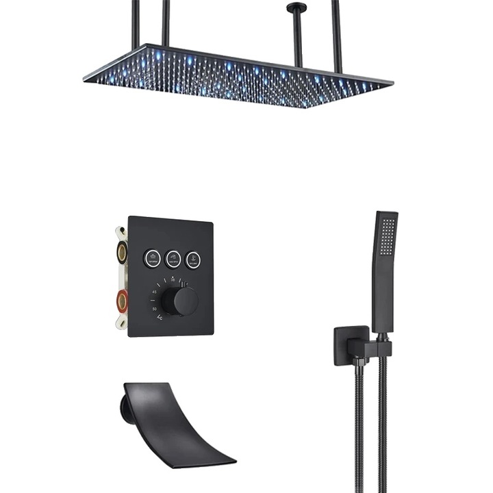 Coloana de dus cu LED, 40cm x 80cm, montare pe perete, 3Way, negru