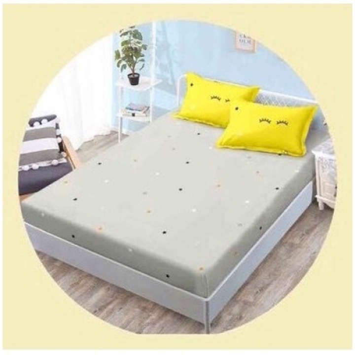 Set Lenjerie de pat CHIRASO, pentru 1 sau 2 persoane, bumbac satinat, 4 piese: Cearceaf cu elastic 140x200 cm, Cearceaf pilota 155x200 cm, fata de perna 55x75 cm, cu imprimeu, galben-bej
