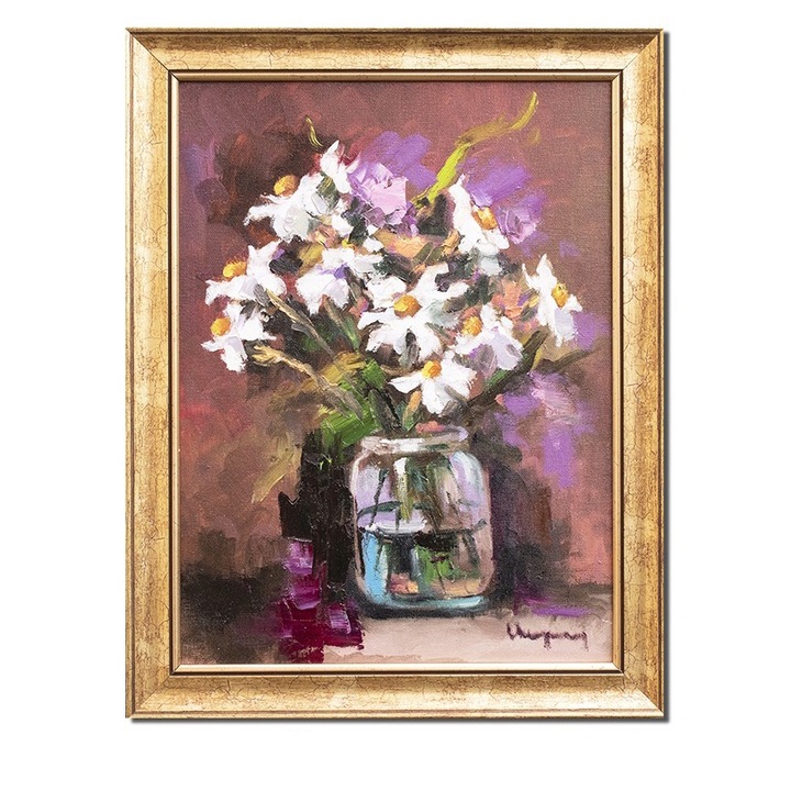 Tablou cu margarete pictat manual inramat, Puritate, 45x35cm ulei pe panza, rama din lemn, Geo Ungureanu