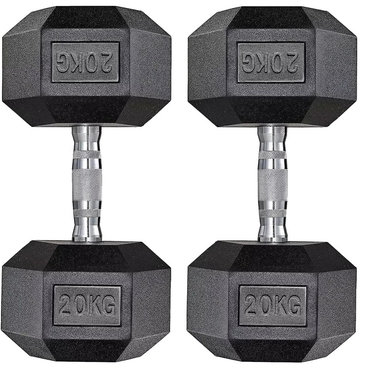 Set haltere hexagonale, 20kg x 2Pcs, constructie din cauciuc, culoare neagra