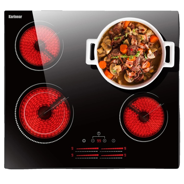 Beépíthető elektromos főzőlap, 4 főzőzóna, 6600W, érintőgombos vezérlés, 45x65cm