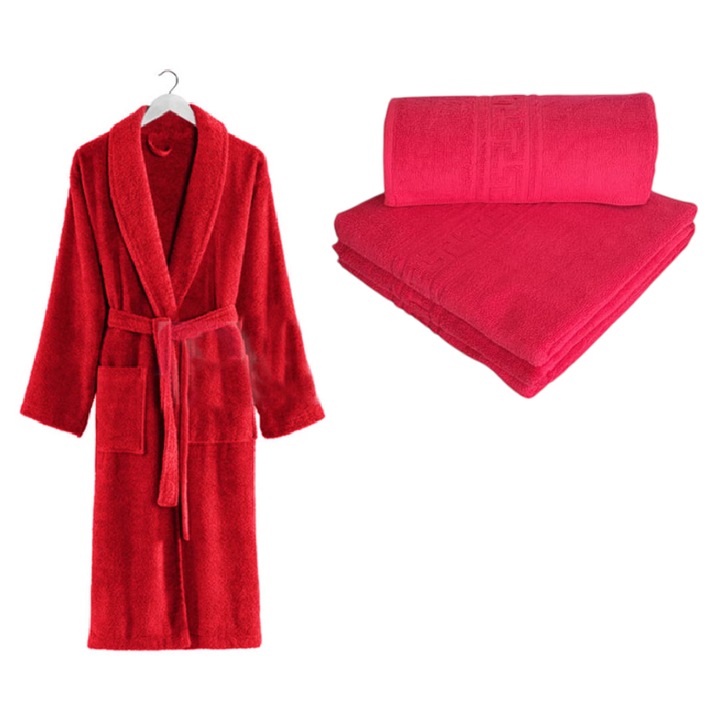 Set halat de baie cu doua prosoape greek, 70x130 cm si 50x90 cm, bumbac 100%, rosu
