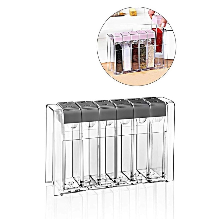 Set pt bucatarie ANGMAD, 6 recipiente pt depozitarea condimentelor, capac recipiente cu inchidere ermetica si 2 site de granulatie, culoare: gri-transparent