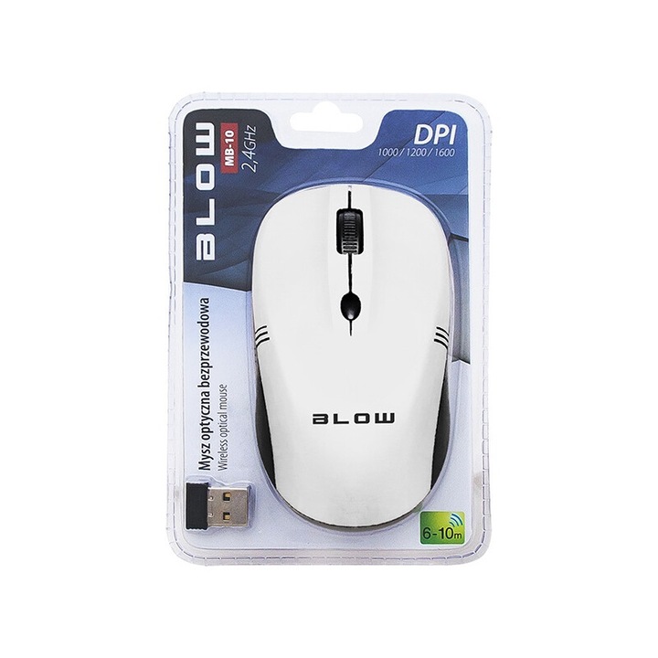 Mouse optic wireless BLOW MB-10, alb, 4 butoane, rezolutie ajustabila 1000/1200/1600 DPI