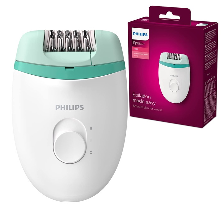 Епилатор Philips Satinelle Essential – Philips – Модел Bre224/00, Компактен, Ефективна епилация с кабел, бял/зелен, за домашна употреба, компактен и лесен за използване