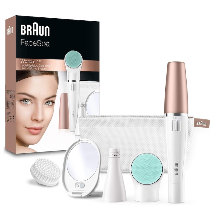 Епилатор за лице Braun Facespa за жени, четка за почистване на лице, масажна подложка, огледало и чанта, обезкосмяване и почистване, подарък за жени, 851V, бял/бронз