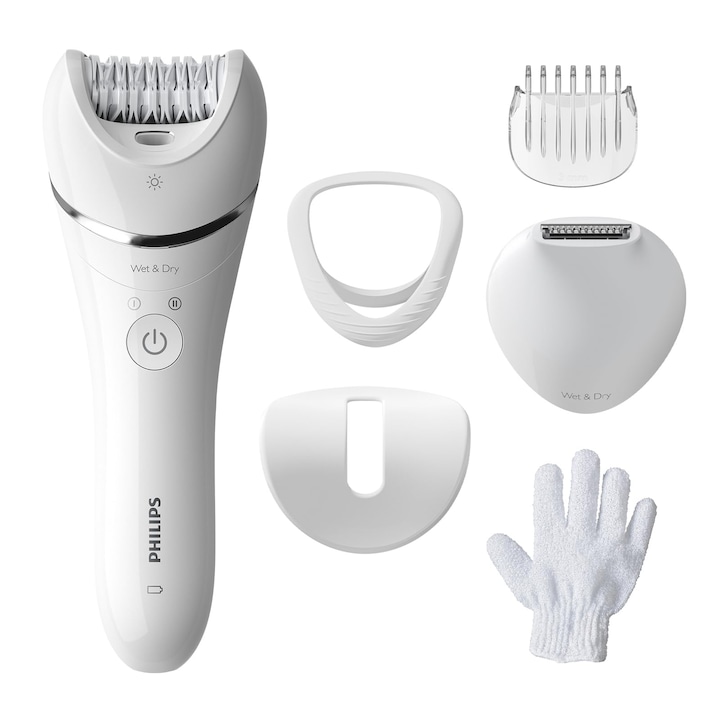 Епилатор Philips Series 8000, безжичен, мокро и сухо, за крака и тяло, устройство за обезкосмяване, с 6 аксесоара, модел Bre715/00