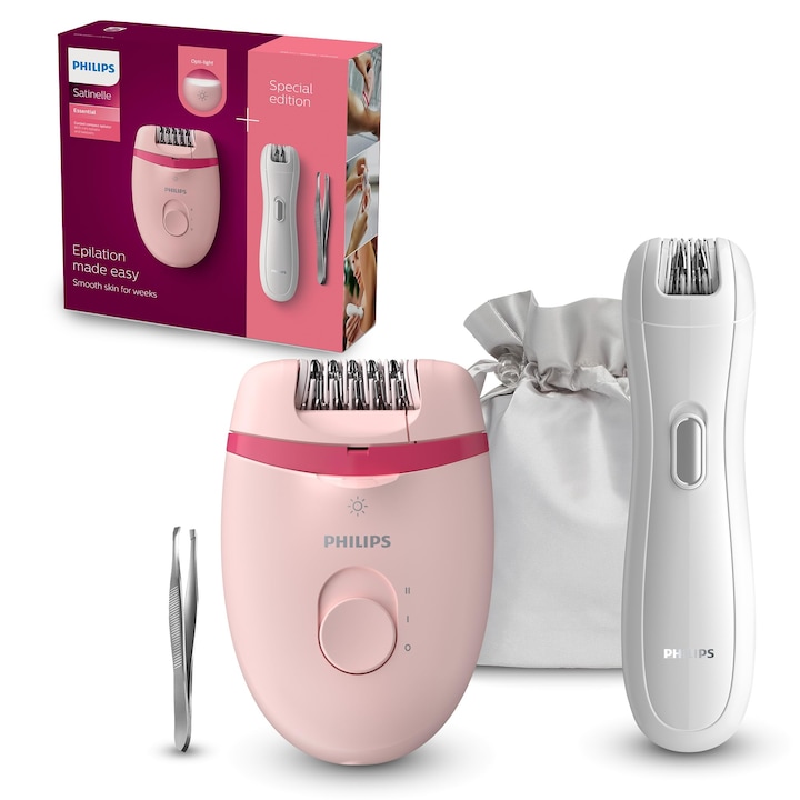Епилатор Philips Series 4000, компактен с кабел, 2 настройки на скоростта, Opti-Light, миеща се глава, мини епилатор, пинсети, модел Brp531/00