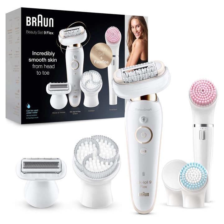 Комплект за красота Braun Silk-Épil 9 Flex, дамски епилатор/депилатор, четка за почистване на лице Facespa, 9 приставки, чанта, с гъвкава глава за по-лесно обезкосмяване, 9100, бяло/златно