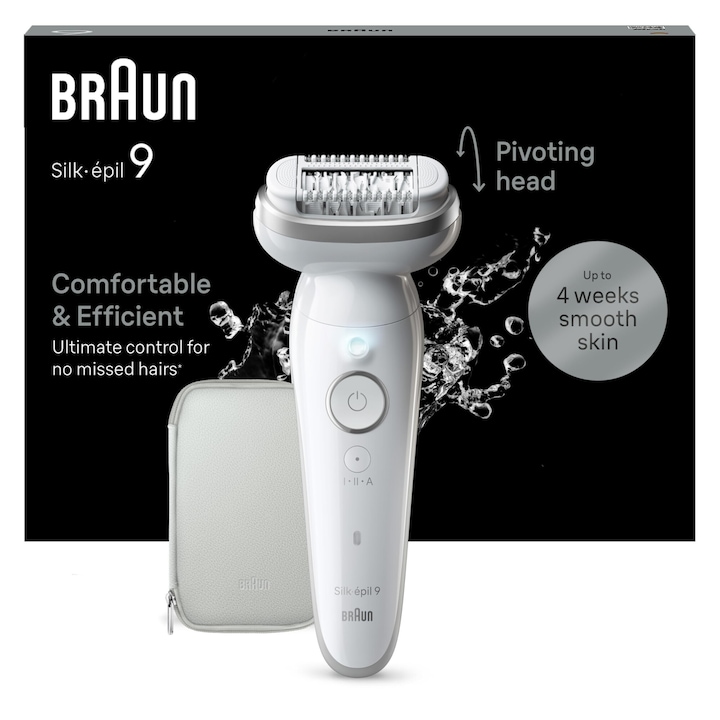 Епилатор Braun Silk-Épil 9 за жени, въртяща се глава, дълготрайно обезкосмяване, копринено гладка кожа, мокро/сухо, произведено в Германия, 9-011 бяло/сребристо