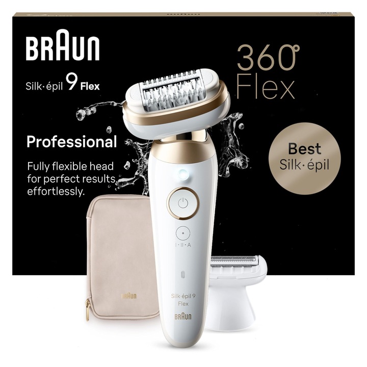 Епилатор Braun Silk-Épil 9, 360° гъвкава глава за лесно премахване на космите, мокра/суха кожа, дълготрайна, кадифена и копринена, аксесоари за бръснене и тример, произведено в Германия, 9-041 3D бял/златист