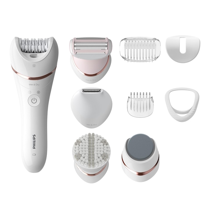 Епилатор Philips Series 8000 BRE740/10 - Безжичен епилатор за крака и тяло, мокра и суха употреба, включва 9 аксесоара: самобръсначка, тример за дълги коси, педикюр и скраб за тяло, за цялостна грижа