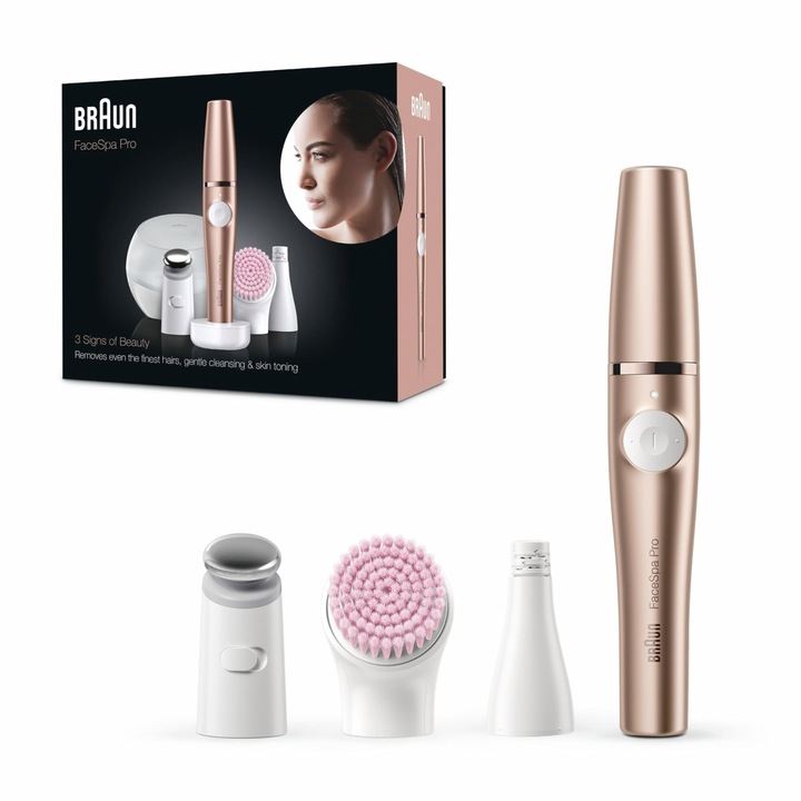 Комплект за красота Braun Facespa Pro с дамски епилатор за лице/почистващ препарат за брада, четка за почистване на лице, кутия за съхранение, епилация, проектирано в Германия, почистване и стягане на кожата, Se921