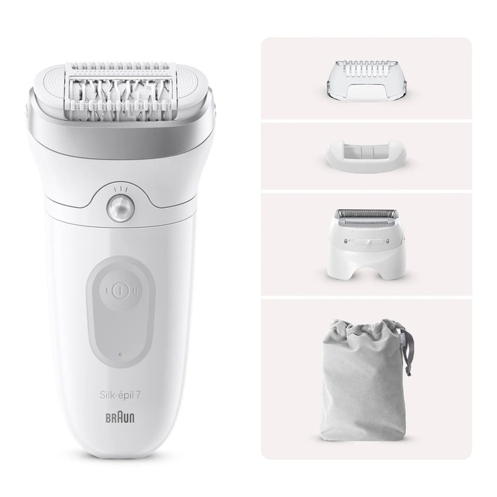 Епилатор Braun Silk-Épil 7 за жени, електрически епилатор за жени с широка глава за лесно епилиране, мокра и суха кожа, дълготраен, гладък, 7-041, бяло/сребристо
