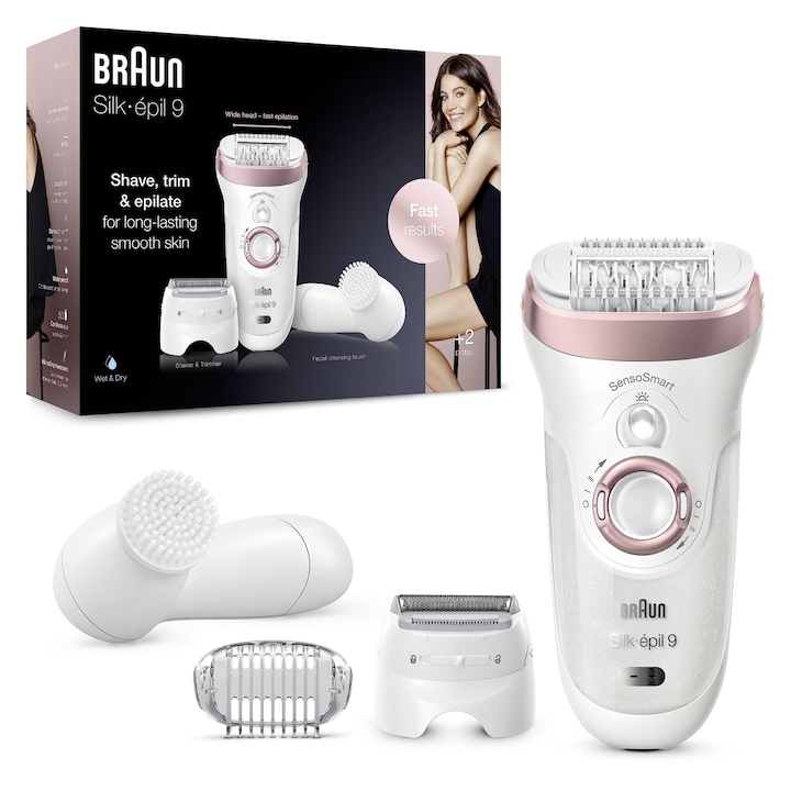 Епилатор Braun Silk-Épil 9, за жени, дълготрайно премахване, четка за почистване на лице, самобръсначка и тримерна глава, 9-855, бял/розово-златист