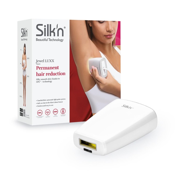 Епилатор Silk'N Jewel Luxx IPL, Трайно обезкосмяване, Подходящ за всички типове кожа, 200 000 светлинни импулса, Бял