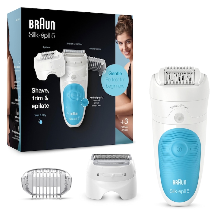Braun Silk-Épil 5 szőrtelenítő, női epilátor, borotvával és vágófejjel, 5-605, fehér/türkiz