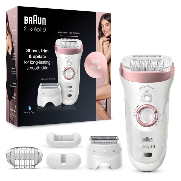 Епилатор Braun Silk-Épil 9 за жени / Обезкосмяващо устройство за дълготрайно премахване, глава за самобръсначка и тример, технология за пинсети с микрозахващане, високочестотна масажираща глава, 9-725, бяло/розово злато