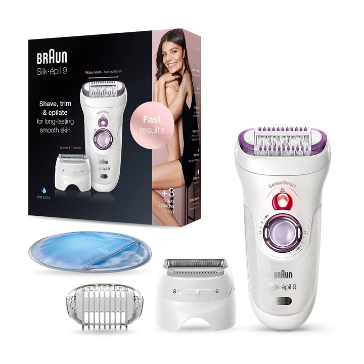 Епилатор Braun Silk-Épil 9 за жени, Уред за премахване на косми за дълготрайно премахване, включително самобръсначка и тримерна глава, 9-710, бяло/лилаво