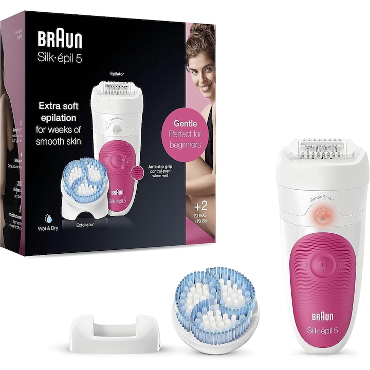 Електрически епилатор Braun Silk-Épil 5 за жени за нежно обезкосмяване, с 2 аксесоара и калъф за носене, 5-511, бяло/розово