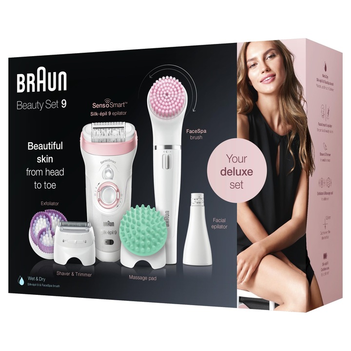 Braun Silk-Épil Beauty Set 9 Deluxe комплект за епилация 7 в 1, дамски епилатор, депилатор, спа устройство за обезкосмяване по лицето, самобръсначка, ексфолиант, комплект за почистване на лице и тяло, модел 9-985, бяло/розово