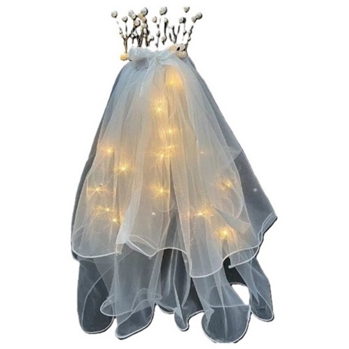 Voal luminos cu coronita, lumina alb cald, accesoriu pentru serbari copii, petrecerea burlacitelor, marime universala, lumina led, alb