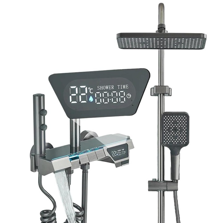 Set de dus cu afisaj digital, design contemporan, finisaj din alama, sistem cu bara glisanta, gri