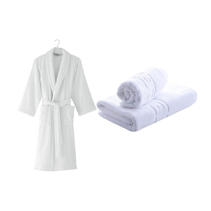 Set halat de baie cu doua prosoape greek, 70x130 cm si 50x90 cm, bumbac 100%, alb